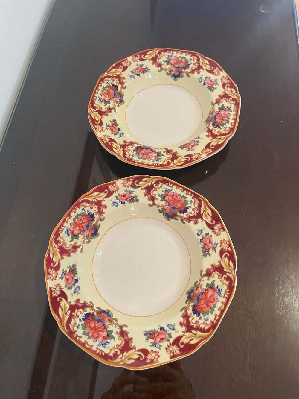 Set of 2 Vintage Crown Ducal CRD38 Maroon Floral Bowls 9 Inch